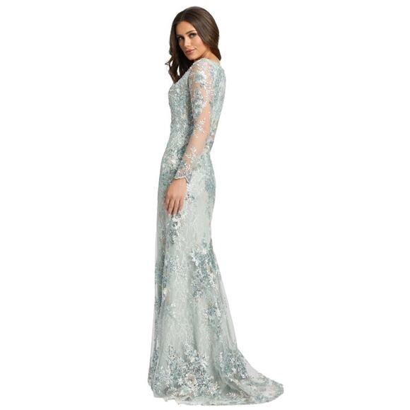 Mac Duggal 67539 Sea Mist Embellished Illusion V Neck Long Sleeve Gown 14 $698 - Picture 10 of 10